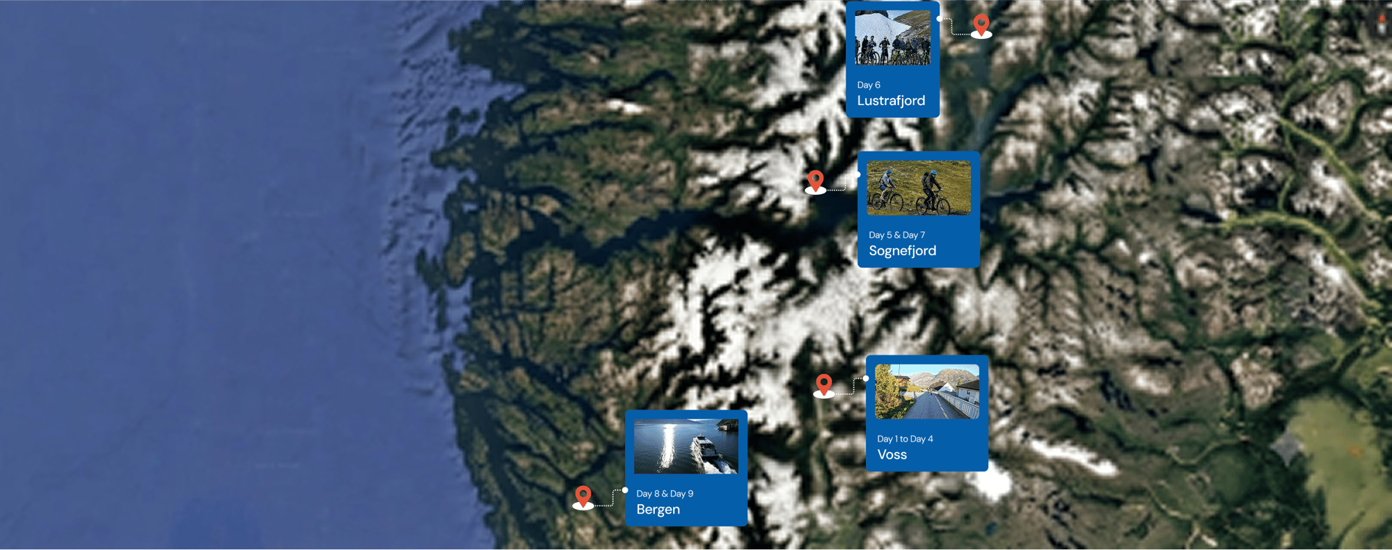 Map showing a detailed day by day breakdown of a 9 day guided e mountain bike tour in norway